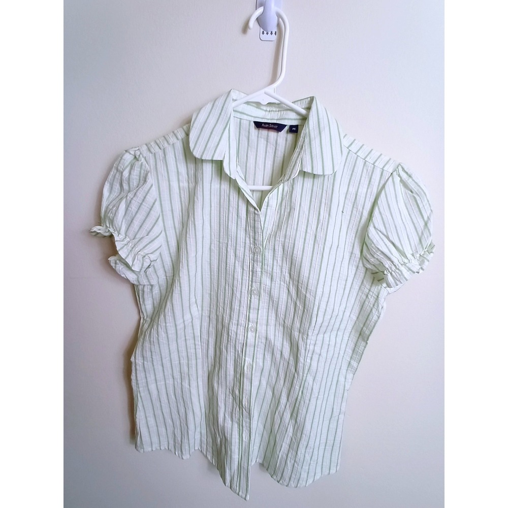 Allen Solly Blouse Womens M Green White Excellent Striped Puff Sleeve Button Up